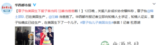 曝章子怡美国生下爱子首当妈 汪峰又当爹